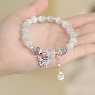 Butterfly Alloy & Cat Eye & Natural Moonstone Round Beaded Charm Bracelets for Women WG9D4EC-01-1
