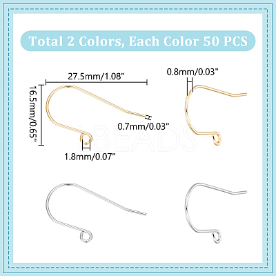 100Pcs 2 Colors 304 Stainless Steel Earring Hooks STAS-UN0053-63-1