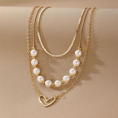 Heart Alloy & Plastic Imitation Pearl 3 Layer Necklaces for Women FS-WGA62EB-01-1