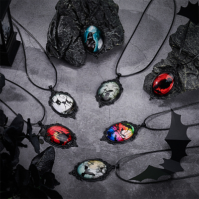 12Pcs 12 Colors Gothic Zinc Alloy & Glass Oval Pendant Black PU Leather Cord Necklaces NJEW-WR0001-08-1