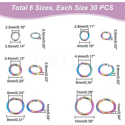 180Pcs 6 Styles 304 Stainless Steel Open Jump Rings STAS-UN0039-10-1