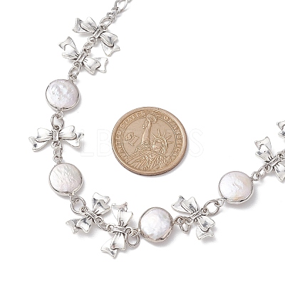 Flat Round Pearl with Bowknot Alloy Link Necklaces NJEW-JN04812-1