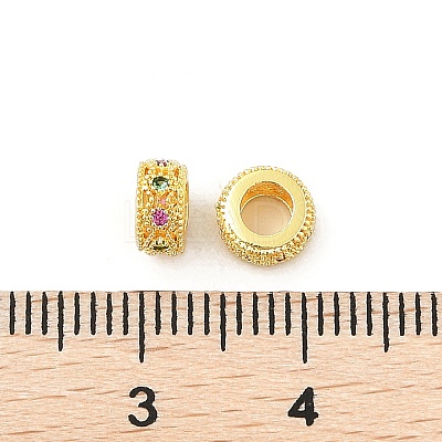 Brass Micro Pave Cubic Zirconia Rondelle European Beads KK-P297-04A-G-1