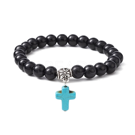 Synthetic Black Stone Round Beaded Stretch Bracelet BJEW-JB09745-01-1