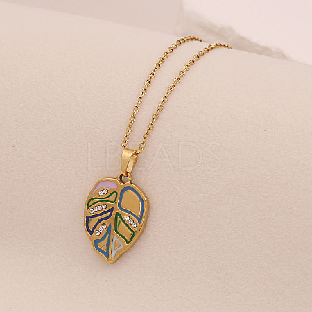 304 Stainless Steel Pave Cubic Zirconia with Enamel Leaf Pendant Necklaces FS-WGB4824-05-1