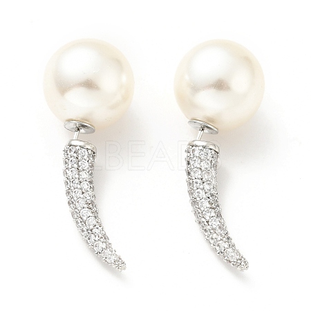 Clear Cubic Zirconia Horn with Acrylic Pearl Front Back Stud Earrings EJEW-G295-02A-P-1