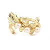 Brass Leaf Open Cuff Ring with Natural Pearl Beaded for Women RJEW-K090-02G-2