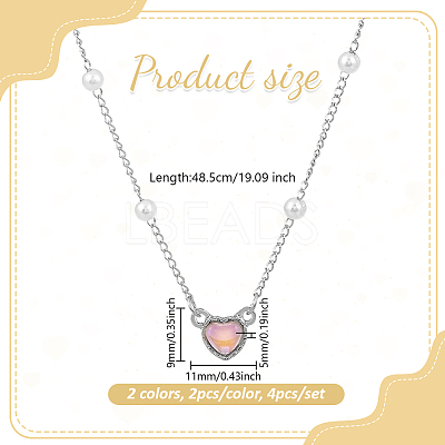 4Pcs 2 Colors Alloy & Resin Pink Heart Pendant Necklaces with Imitation Pearl NJEW-HY0001-12-1