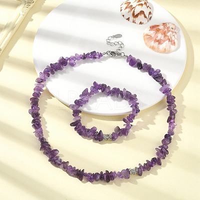 Natural Amethyst Chips Beaded Necklace & Stretc Bracelet SJEW-JS01281-01-1