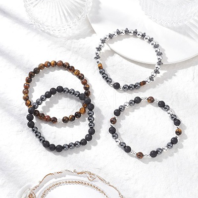 4Pcs Natural & Synthetic Mixed Gemstone Round Beads Stretch Bracelets for Women BJEW-JB12556-1