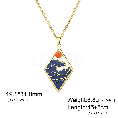 304 Stainless Steel Enamel Blue Sea Wave with Sun Pendant Necklaces for Women WGB8498-04-1