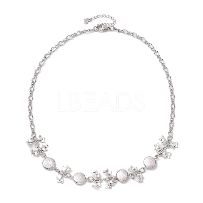 Flat Round Pearl with Bowknot Alloy Link Necklaces NJEW-JN04812-1