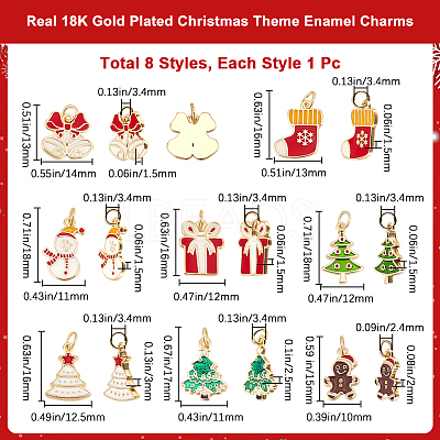 8Pcs 8 Styles Christmas Themed Real 18K Gold Plated Brass Enamel Charms KK-BBC0014-99-1