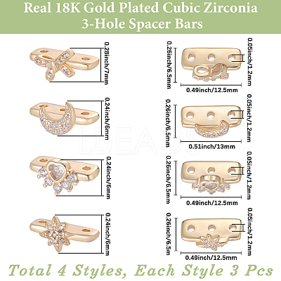 12Pcs 4 Styles Brass Micro Pave Clear Cubic Zirconia Spacer Bars KK-BBC0018-95-1