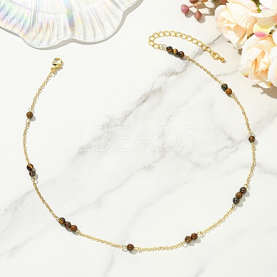 5MM Round Natural Tiger Eye Beads Brass Cable Chain Necklaces for Women NJEW-JN06378-02-1