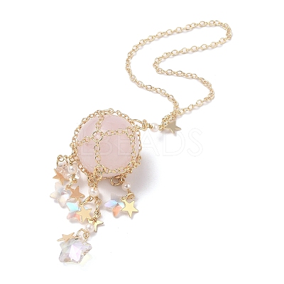 Natural Rose Quartz with Rack Plating Brass Pendants Decorations AJEW-B023-01G-06-1
