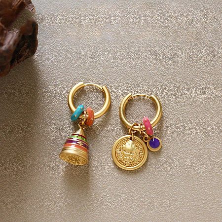 Brass Enamel Bell & Flat Round Hoop Dangle Earrings WG847A7-01-1