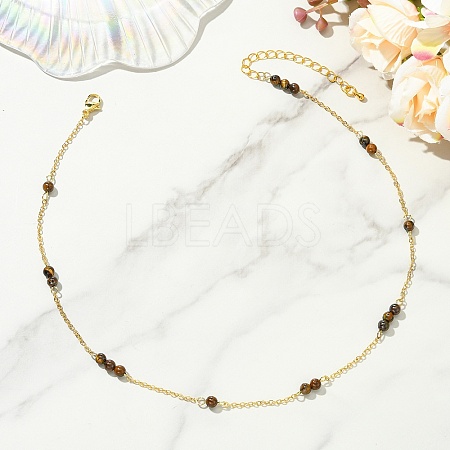 5MM Round Natural Tiger Eye Beads Brass Cable Chain Necklaces for Women NJEW-JN06378-02-1