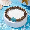 Natural Wood Round & Synthetic Turquoise Turtle Beaded Stretch Bracelet for Women BJEW-JB09699-06-2