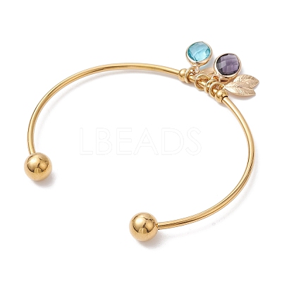 304 Stainless Steel Cuff Bangles with Brass Leaf Charms BJEW-JB10173-1