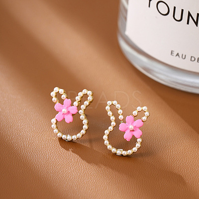 Alloy Imitation Pearl Plastic Rabbit & Flower Stud Earrings for Women WGC2AFB-02-1