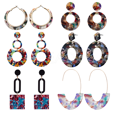 6 Pairs 6 Style Oval & Square & Donut Acrylic Dangle Stud Earrings EJEW-AN0003-36-1