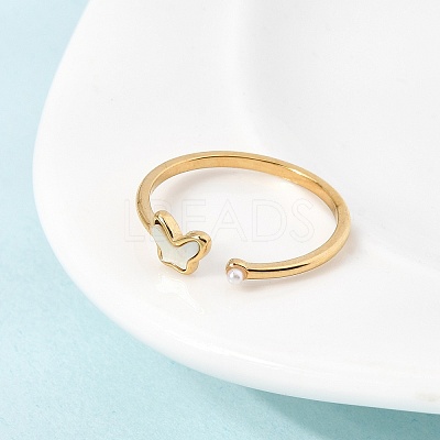 304 Stainless Steel & Natural Shell & Imitation Pearl Cuff Rings for Women RJEW-G372-01G-04-1