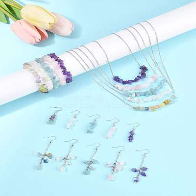 Natural Aquamarine & Amethyst & Quartz Crystal & Rose Quartz & Fluorite Chips Beads Bracelets & Earrings & Necklaces Sets SJEW-FS00008-1