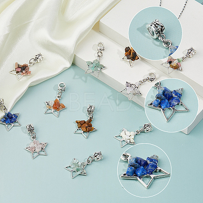 36Pcs 9 Colors Tibetan Style Alloy & Brass & Gemstone Chip European Dangle Charms PALLOY-FH00146-1