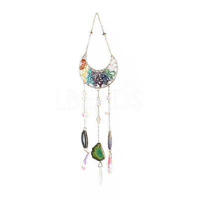 Gemstone Chips Beaded Moon Hanging Sun Catchers HJEW-M004-03-1