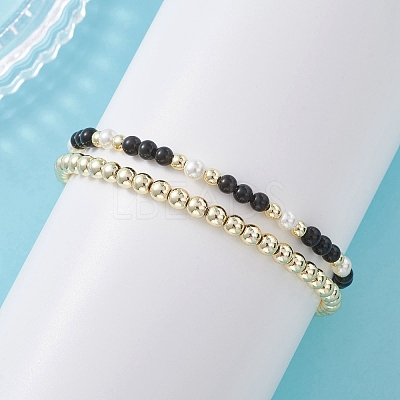 2Pcs Natural Obsidian & Shell Pearl & Non-magnetic Synthetic Hematite Beaded Stretch Bracelets for Women BJEW-JB12938-01-1