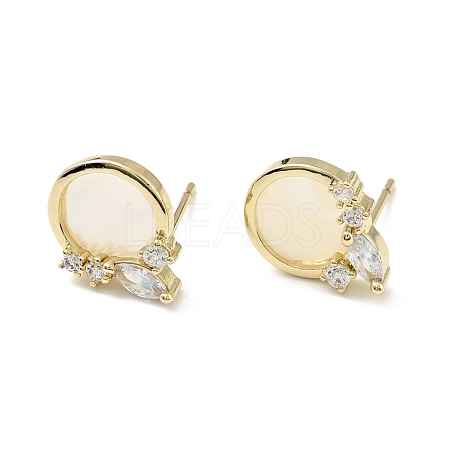 Natural White Shell Flat Round Stud Earrings with Clear Cubic Zirconia EJEW-C028-07G-1