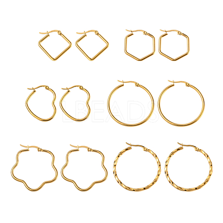 6 Pairs 6 Style Ring & Heart & Flower & Rhombus & Hexagon 201 Stainless Steel Hoop Earrings EJEW-FS0001-06-1
