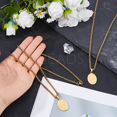 2Pcs Stainless Steel Saint Benedict Oval Medal Pendant Wheat Chain Necklaces NJEW-DC0001-20G-1