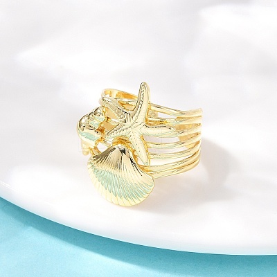 Ocean Theme Brass Cuff Rings RJEW-C135-01G-06-1