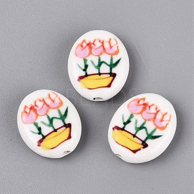 Hand Painted Tulip Flower Oval Porcelain Beads PORC-N012-11C-1
