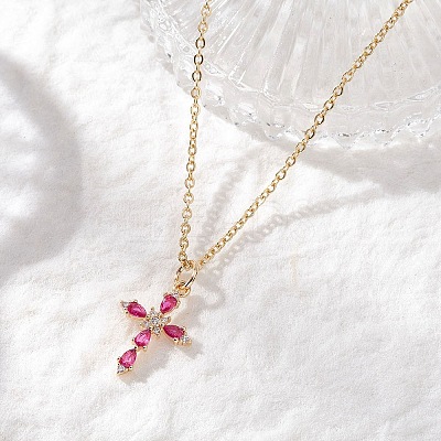 Brass Glass Cross Pendant 304 Stainless Steel Cable Chain Necklaces for Women NJEW-JN05545-1