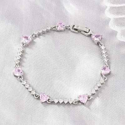 Brass Pave Cubic Zirconia Heart Link Chain Bracelets for Women KK-CBA68DA-10P-02-1