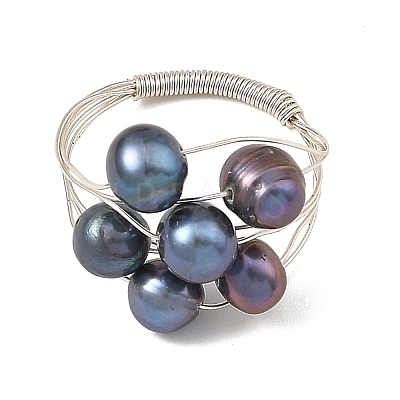 Round Copper Wire with Natural Cultured Freshwater Pearl Finger Rings RJEW-JR01097-1