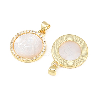 Rack Plating Brass Micro Pave Clear Cubic Zirconia Flat Round Pendants KK-U025-10G-05-1
