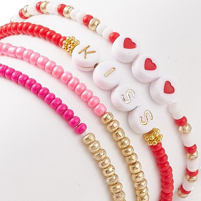 4Pcs 4 Style Heart & Word Kiss Plastic Beaded Stretch Bracelets Set BJEW-JB08699-1
