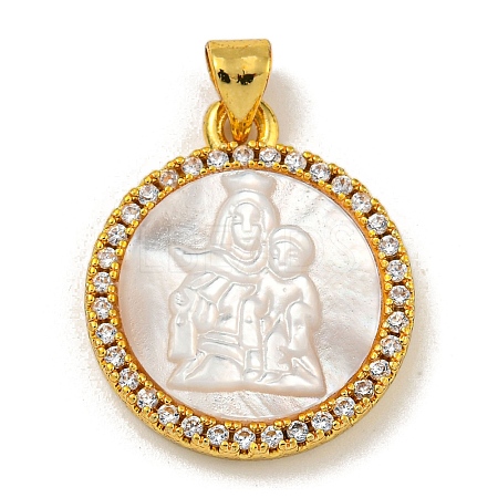 Rack Plating Brass Micro Pave Clear Cubic Zirconia Flat Round Pendants KK-U025-10G-06-1