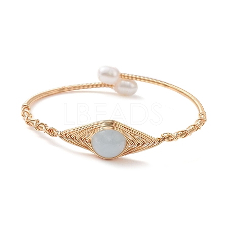 Natural Aquamarine & Pearl Cuff Bangle BJEW-JB10119-01-1