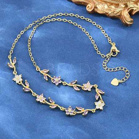 Brass Pave Cubic Zirconia Flower Link Chain Necklaces KK-CBA4547-18G-04-1