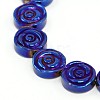 Electroplate Gorgeous Flat Round Carved Rose Non-magnetic Synthetic Hematite Beads Strands G-F141-04-3