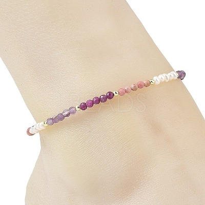 Gradient Faceted Round Natural Mixed Stone & Potato Natural Pearl Beaded Anklets AJEW-AN00873-02-1