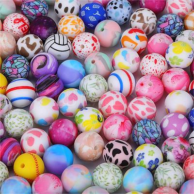 Printed Round with Ghost Pattern Silicone Focal Beads SI-JX0056A-126-1