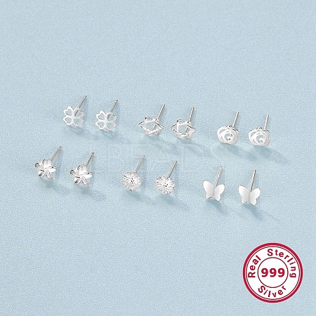 Anti-Tarnish 6 Pairs 6 Style 999 Fine Silver Stud Earrings Sets for Women EJEW-F317-34P-1