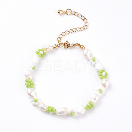 Glass Seed Flower & Natural Pearl Beaded Bracelet BJEW-TA00071-1