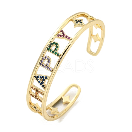 Word Happy Brass Micro Pave Colorful Cubic Zirconia Open Cuff Bangles for Women BJEW-Z062-21G-1
